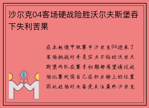 沙尔克04客场硬战险胜沃尔夫斯堡吞下失利苦果
