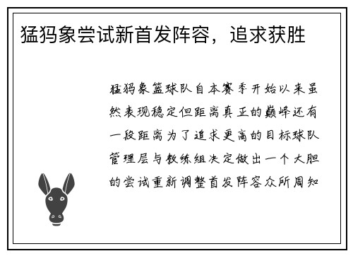 猛犸象尝试新首发阵容，追求获胜